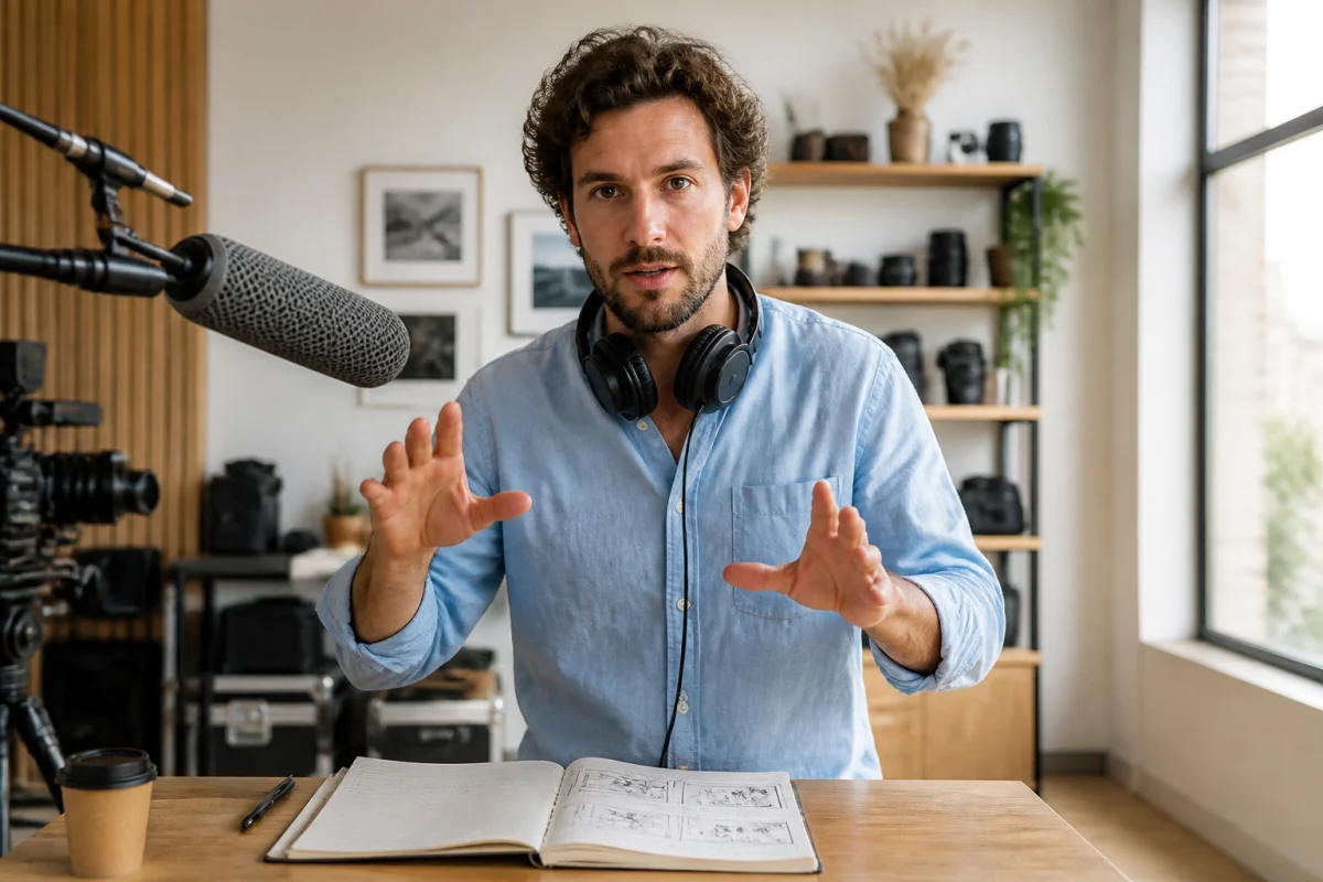 Réalisateur concentré dirigeant un tournage professionnel en studio pour apprendre comment créer un film de qualité.