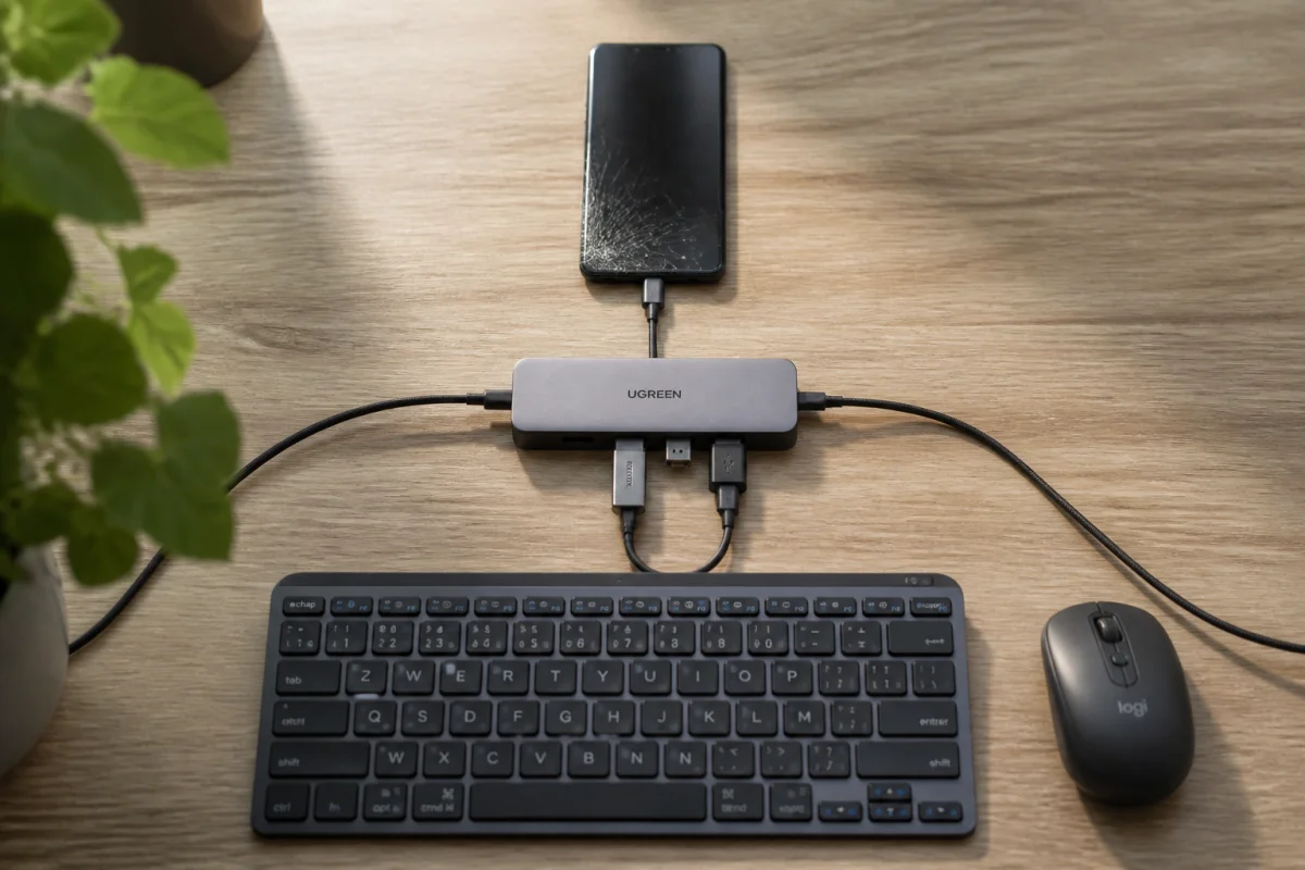Smartphone à l'écran fissuré connecté à un adaptateur USB-C, clavier et souris pour récupérer ses données facilement.