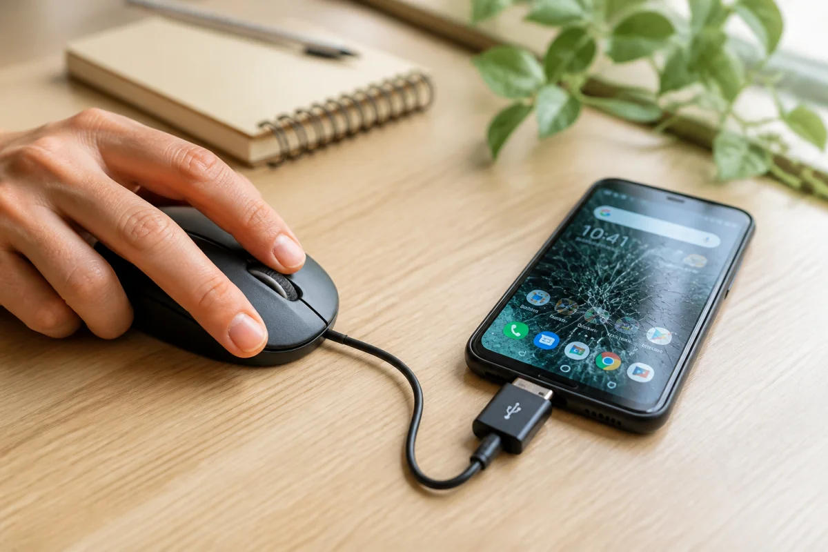 Main connectant une souris à un smartphone à l'écran fissuré pour récupérer les données du téléphone cassé.