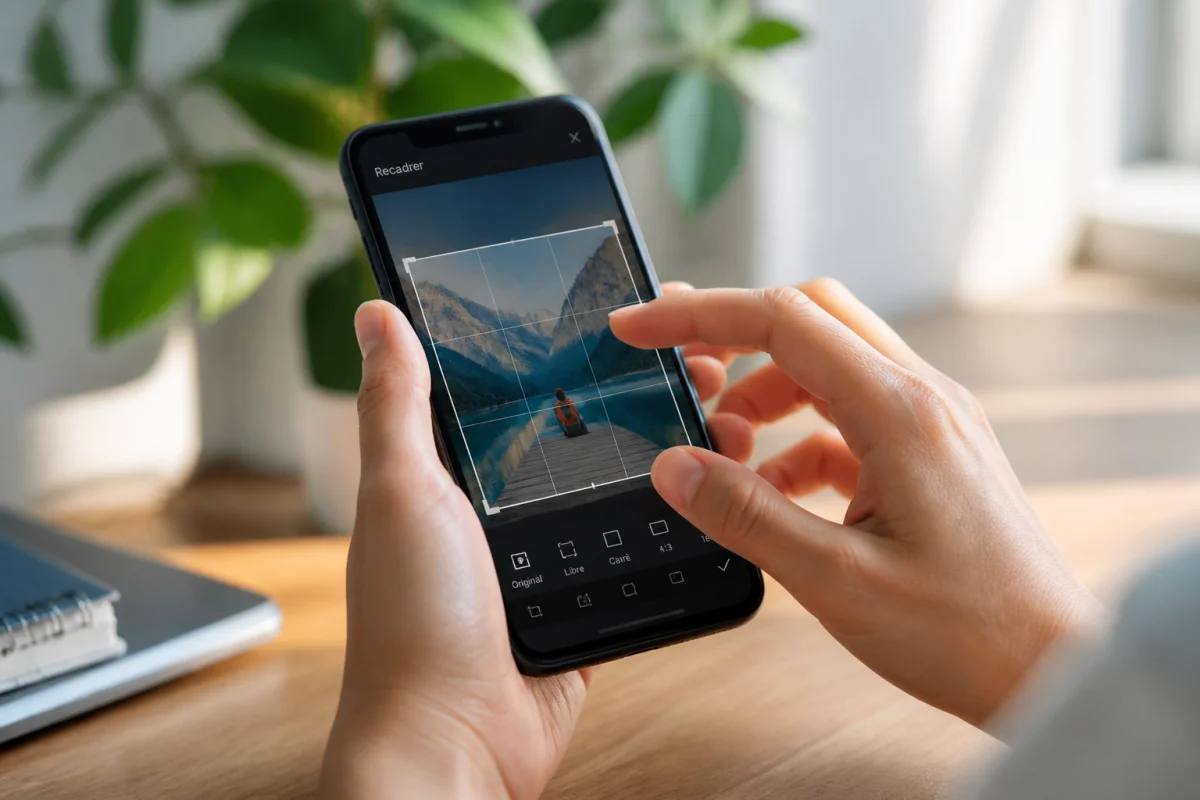 Mains utilisant une application de retouche sur smartphone pour expliquer comment réduire la taille d'une photo sur téléphone.