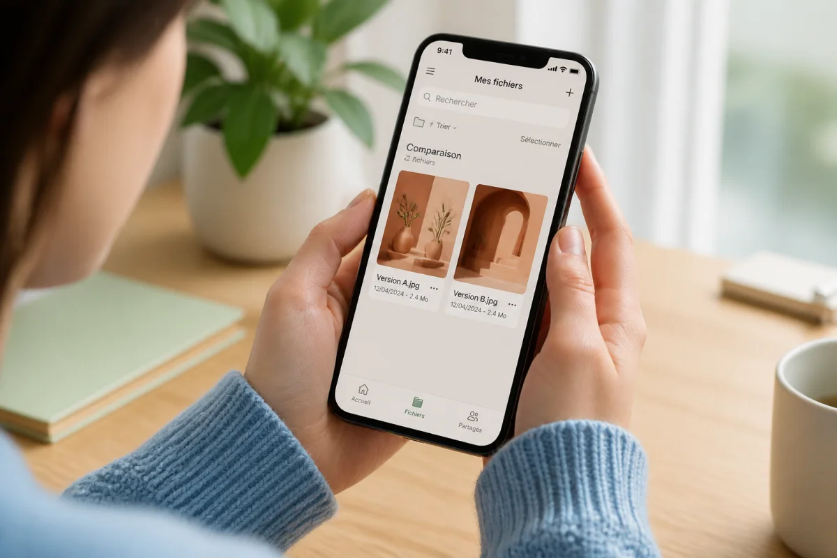 Personne utilisant un smartphone pour réduire la taille d'une photo dans un espace de travail lumineux et organisé.