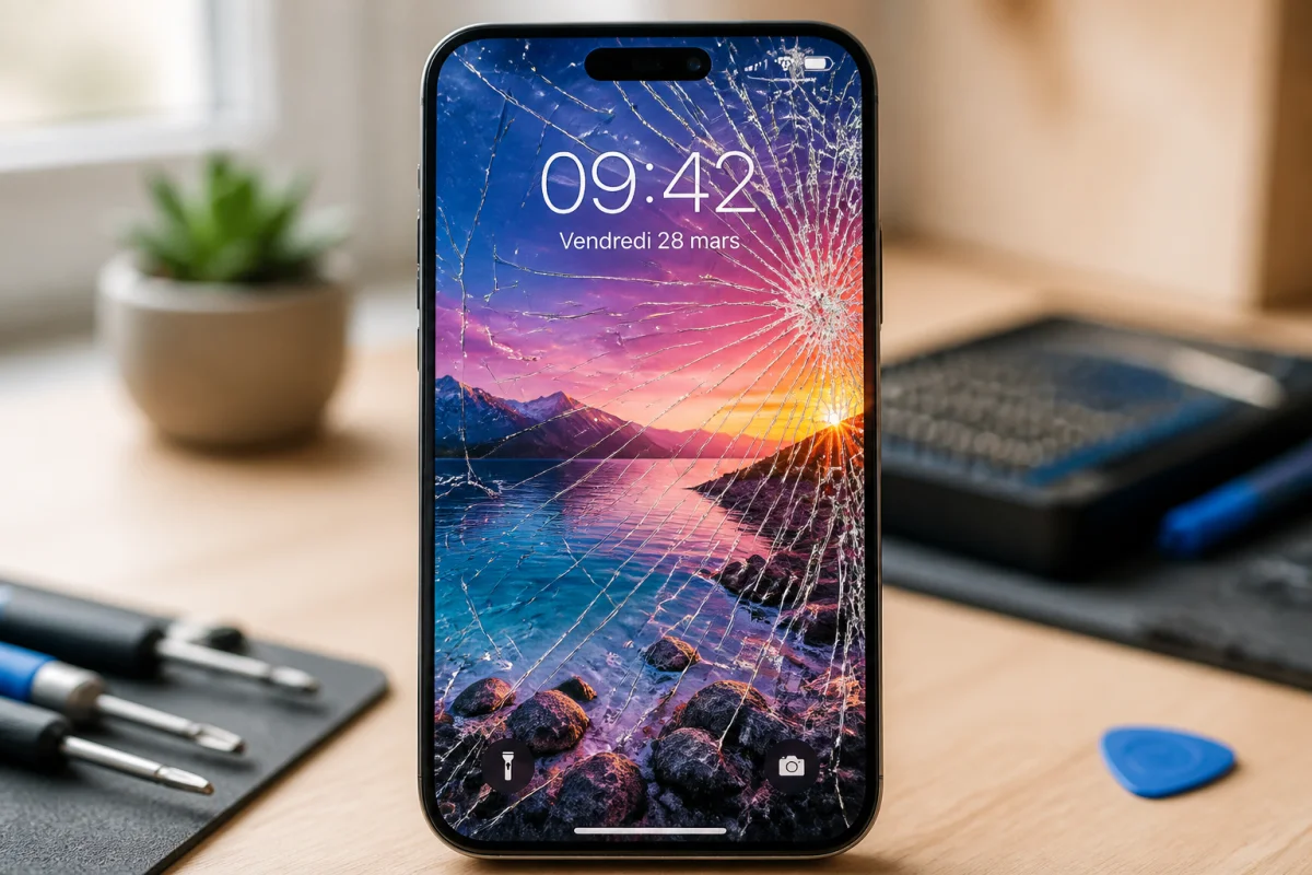 Smartphone moderne avec écran fissuré posé sur une table en bois près d'outils pour réparer votre téléphone.