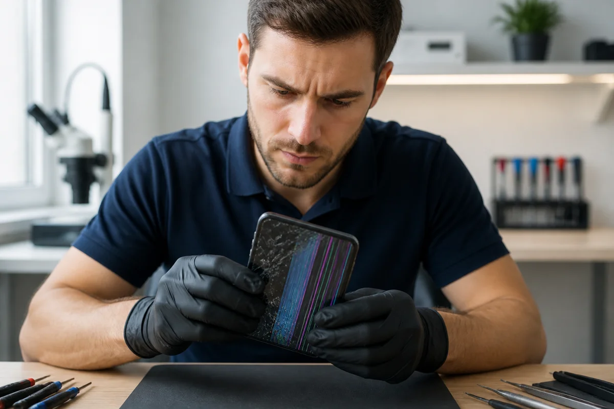 Technicien qualifié examinant un écran de smartphone fissuré dans un atelier pour expliquer comment réparer un écran cassé.