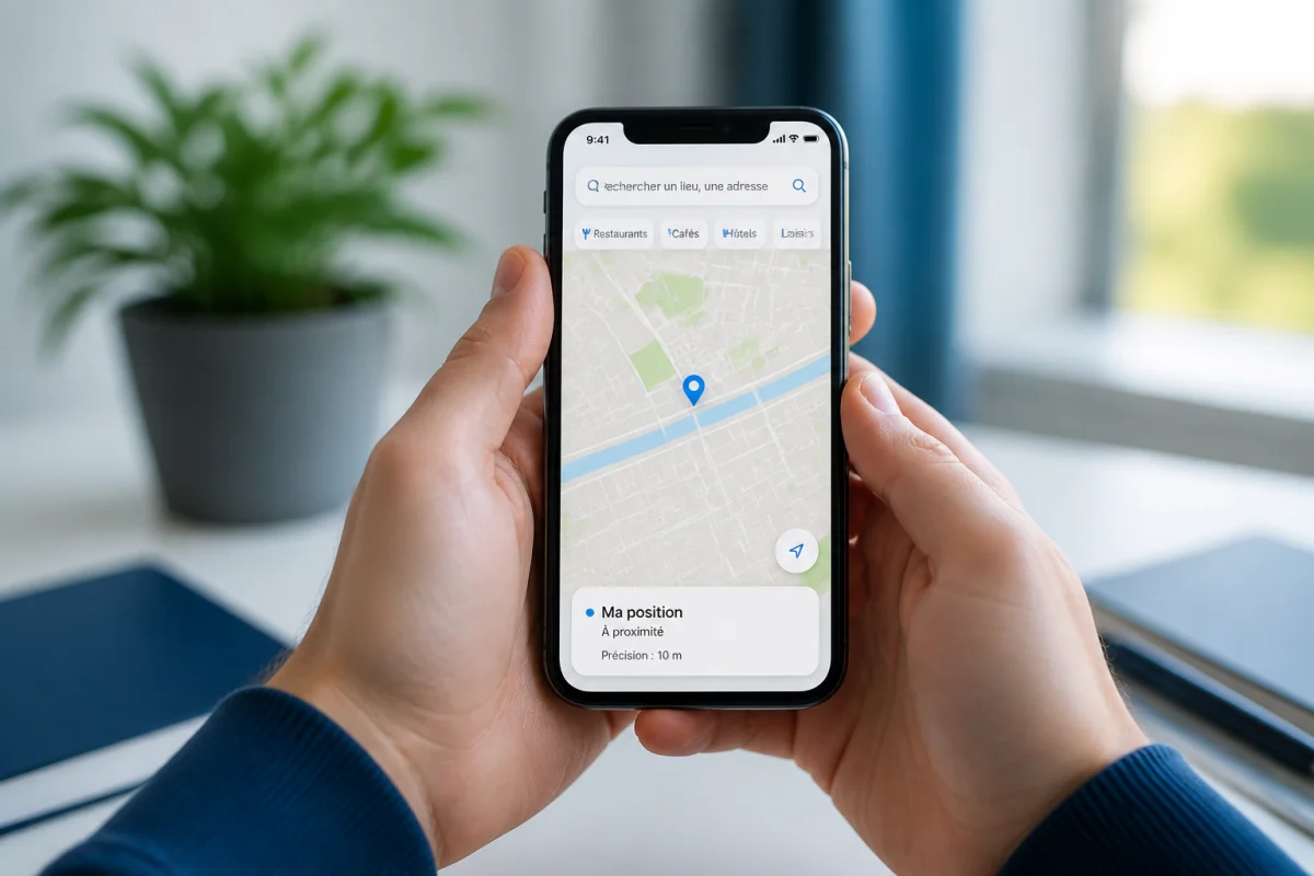 Personne utilisant un smartphone pour localiser un appareil sur une carte numérique lors de la géolocalisation à distance.