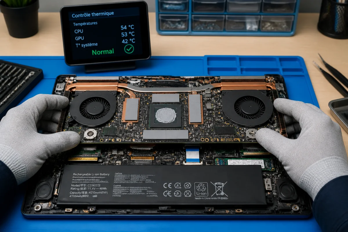 Carte graphique amovible installée dans un PC portable ouvert, inspectée par un technicien en atelier informatique