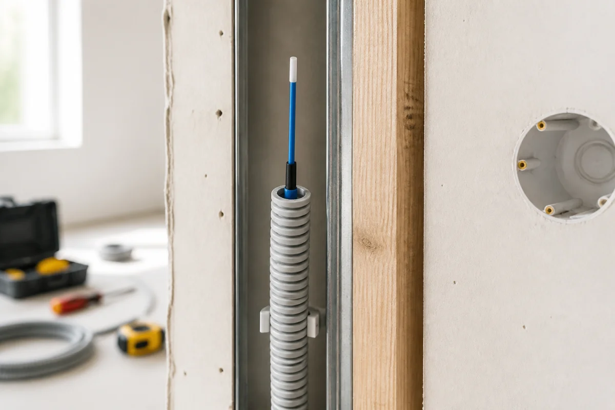 Gaine ICTA annelée guidant une fibre optique dans une cloison intérieure pour une installation domestique soignée