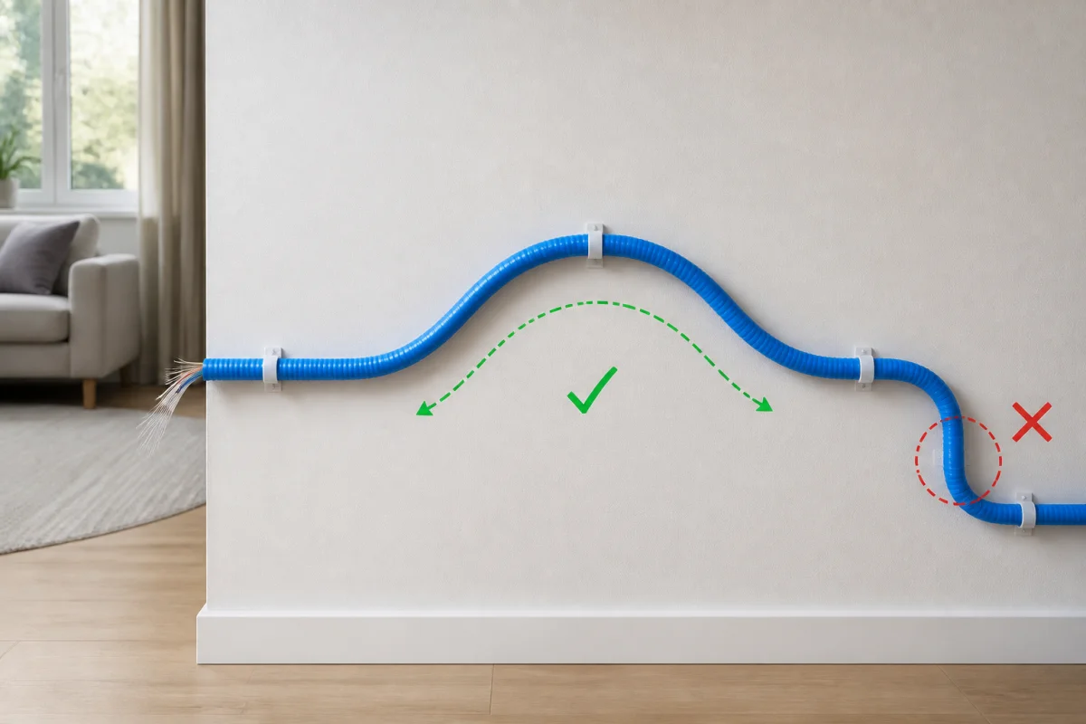 Gaine pour fibre optique intérieure installée le long d’un mur, avec courbures larges et parcours soigneusement organisé