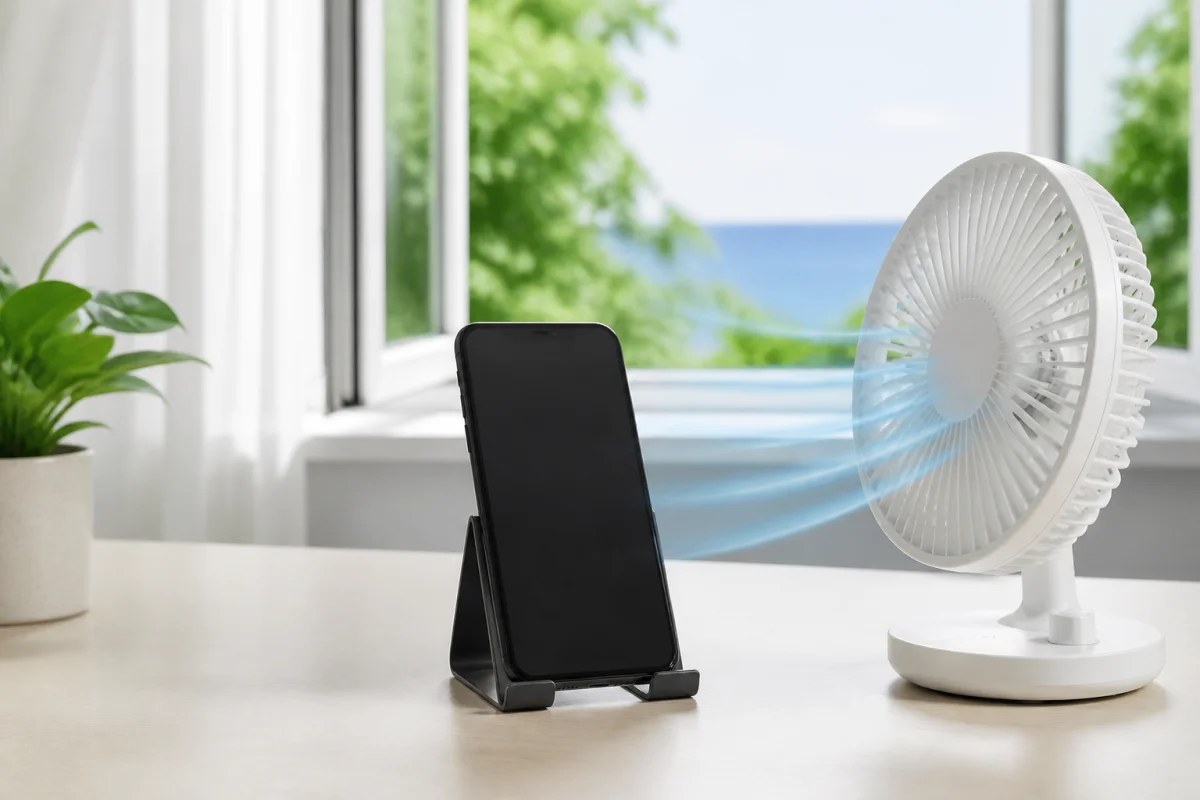 Téléphone éteint séché par un ventilateur, ports orientés vers le bas pour enlever l’eau sans riz