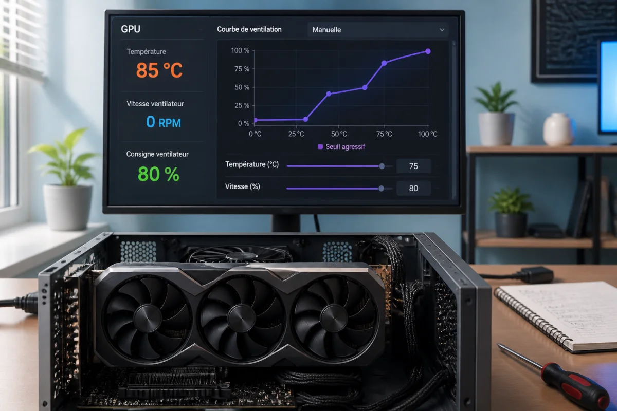 Carte graphique installée dans un PC ouvert, ventilateurs immobiles et écran affichant une température GPU élevée avec RPM nul