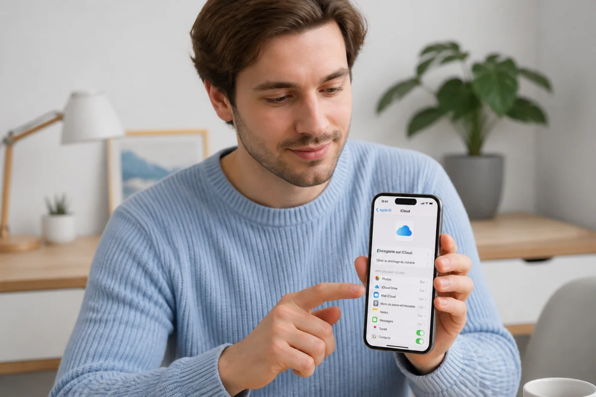 Personne consultant les paramètres iCloud sur son smartphone pour savoir comment retrouver un numéro de téléphone supprimé.
