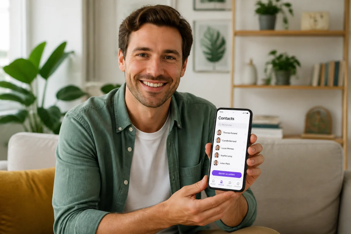Personne souriante utilisant un smartphone dans un salon lumineux pour savoir comment retrouver un numéro de téléphone supprimé.