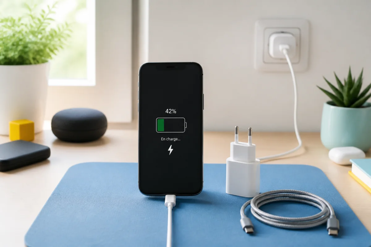 Smartphone affichant une batterie qui n’augmente pas, testé avec un chargeur et un câble différents sur un bureau bleu