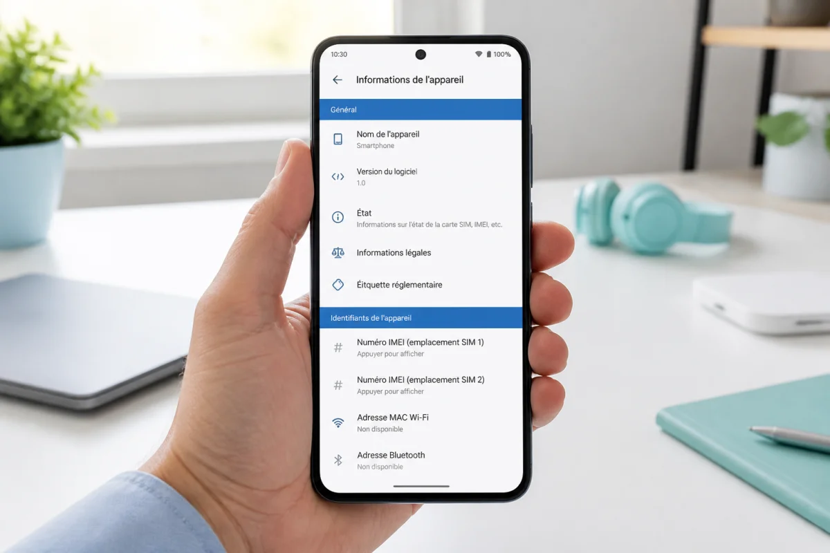 Smartphone affichant la section IMEI dans ses réglages pour vérifier si le téléphone est blacklisté