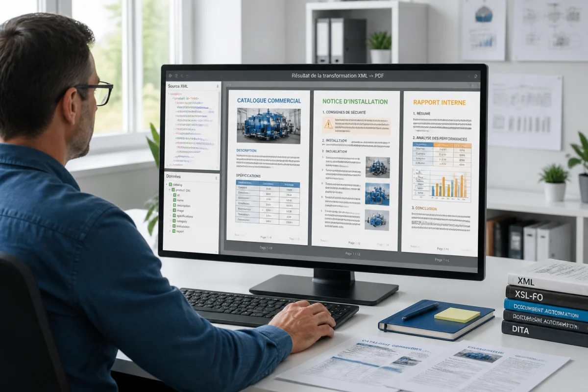 Concepteur de documents devant des données XML générant plusieurs gabarits PDF professionnels automatisés
