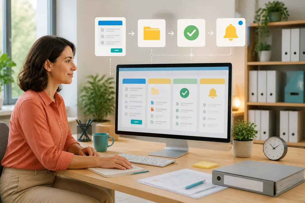Professionnelle observant un écran illustrant l’automatisation de la gestion documentaire en entreprise, avec formulaire numérique, dossier structuré et validation