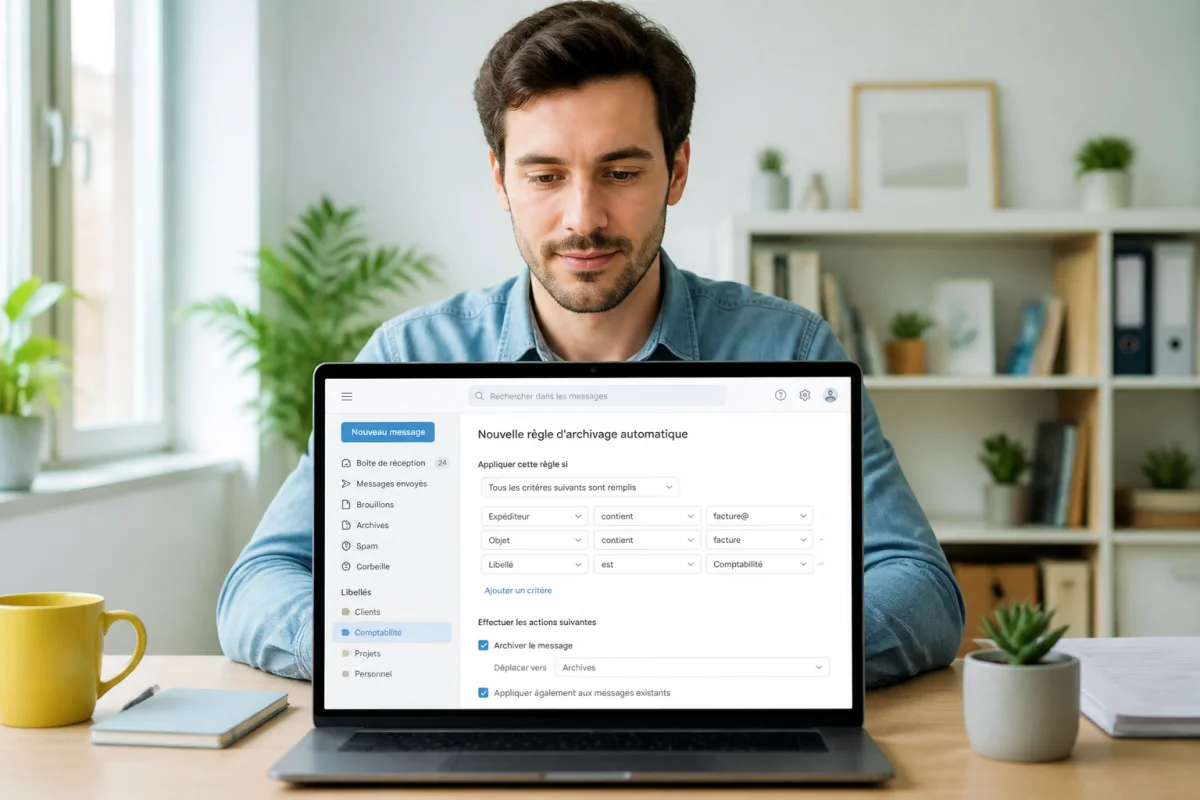 Personne configurant l’archivage automatique des emails sur un ordinateur portable dans un bureau lumineux et organisé