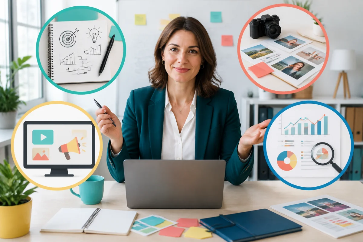 Responsable de PME présentant quatre postes du budget de communication digitale : stratégie, contenus, publicité et suivi des performances