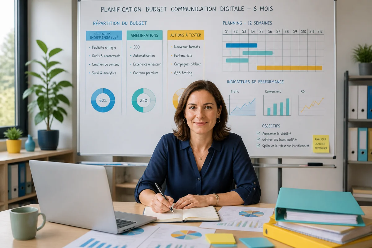 Responsable de PME planifiant un budget de communication digitale sur six mois devant un tableau stratégique détaillé