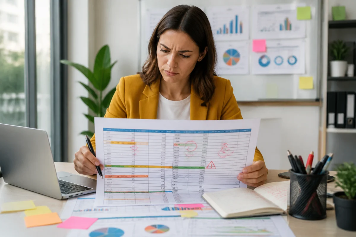 Professionnelle du marketing analysant un tableau de budget publicité en ligne avec erreurs, dépenses oubliées et graphiques de performance