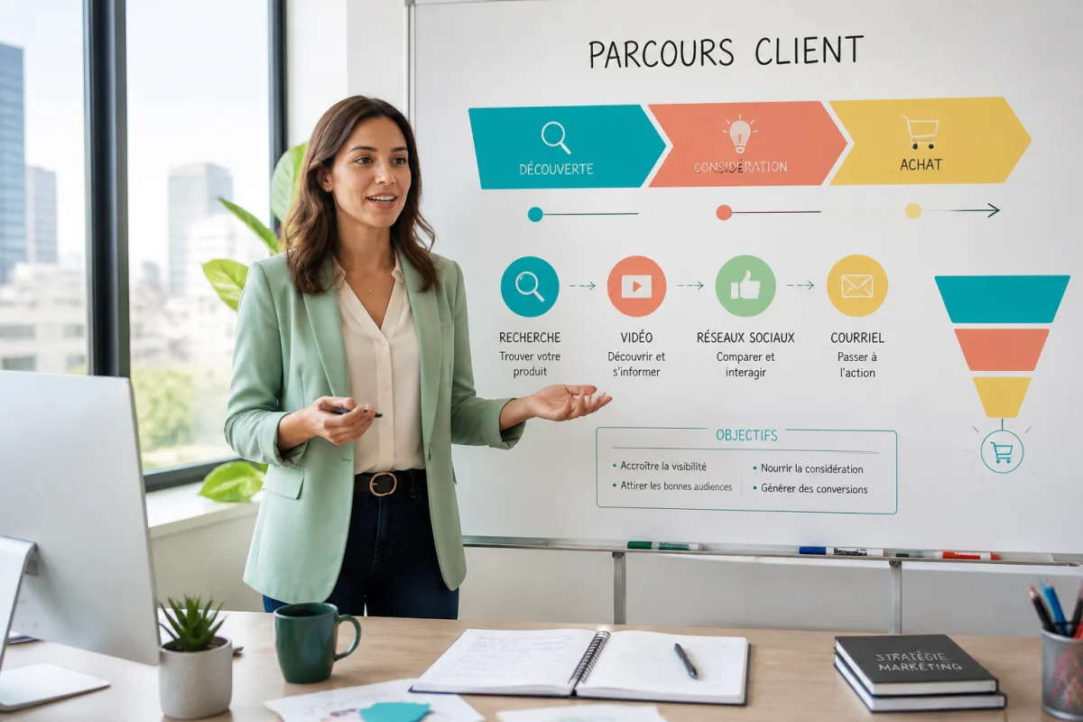 Professionnelle du marketing planifiant un budget publicité en ligne avec un parcours client de la découverte à la conversion