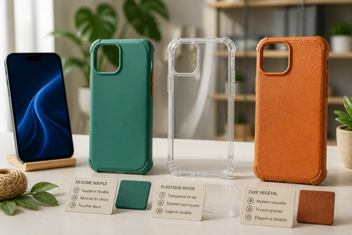 Trois coques de protection smartphone en silicone, plastique transparent et cuir végétal, présentées avec leurs textures distinctes.
