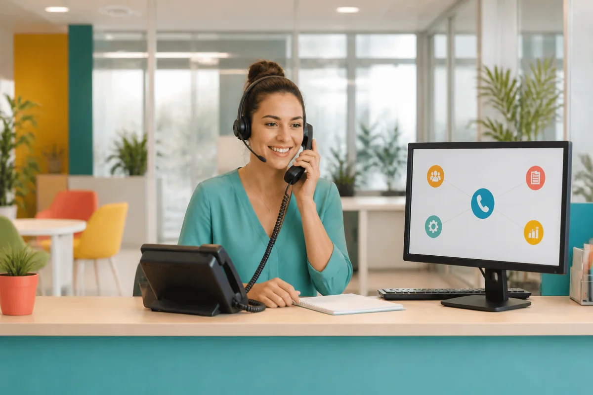 Conseillère d’accueil utilisant un téléphone IP pour orienter les appels vers différents services d’entreprise