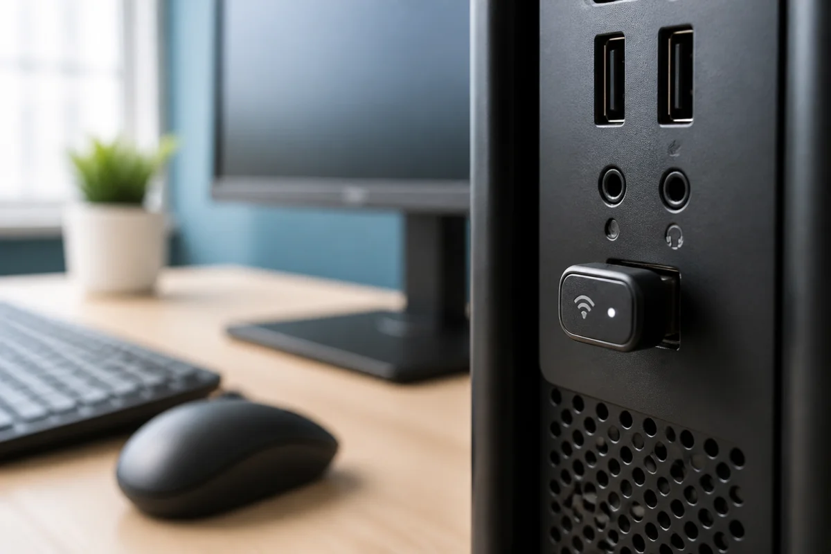Récepteur USB sans fil connecté à un ordinateur, illustrant la connexion d’un périphérique sans fil sur PC