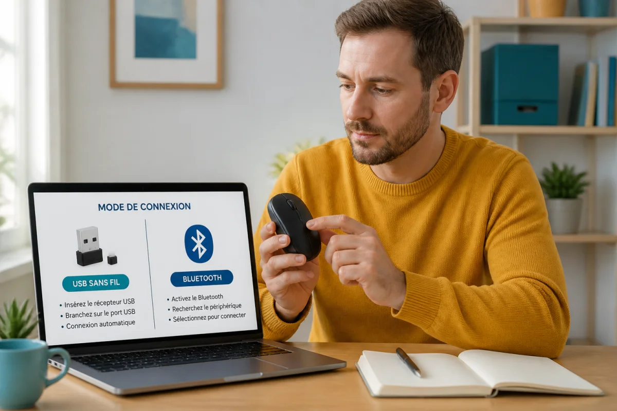 Personne configurant la connexion d’un périphérique sans fil sur PC, avec clé USB et icône Bluetooth à l’écran.