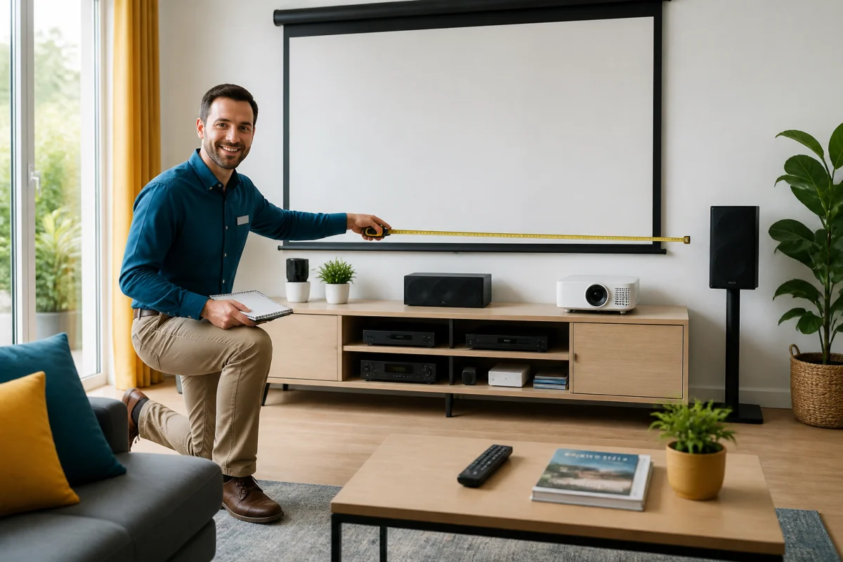 Conseiller Top Ménager mesurant l’installation d’un vidéoprojecteur, téléviseur et équipement audio-vidéo dans un salon moderne