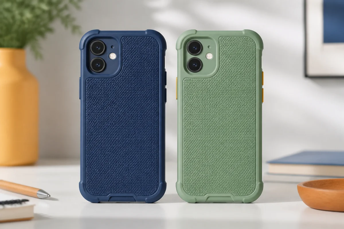 Deux coques de protection smartphone bleue et verte, avec bords renforcés, textures antidérapantes et découpes précises