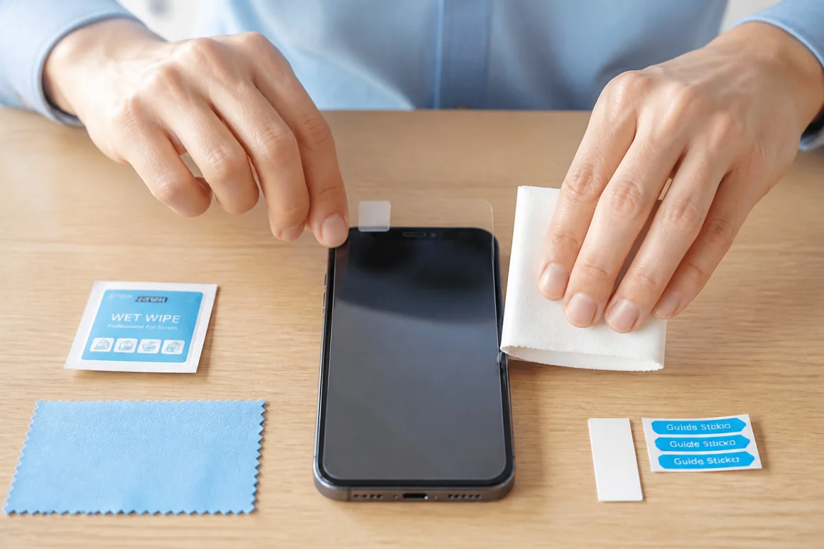 Main posant délicatement un film protecteur transparent sur l’écran d’un smartphone avec une carte enveloppée dans un chiffon doux