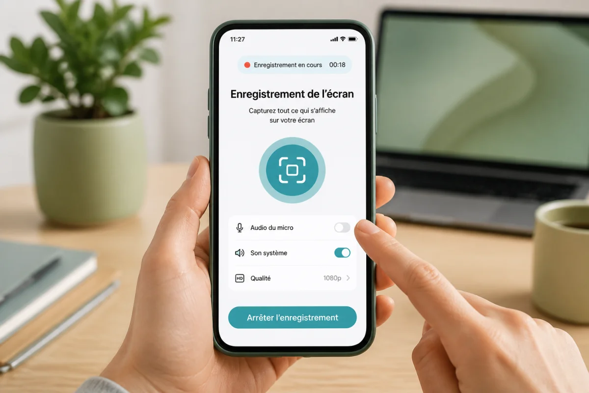 Smartphone affichant une interface d’enregistrement d’écran, avec démonstration tactile dans un bureau lumineux et épuré