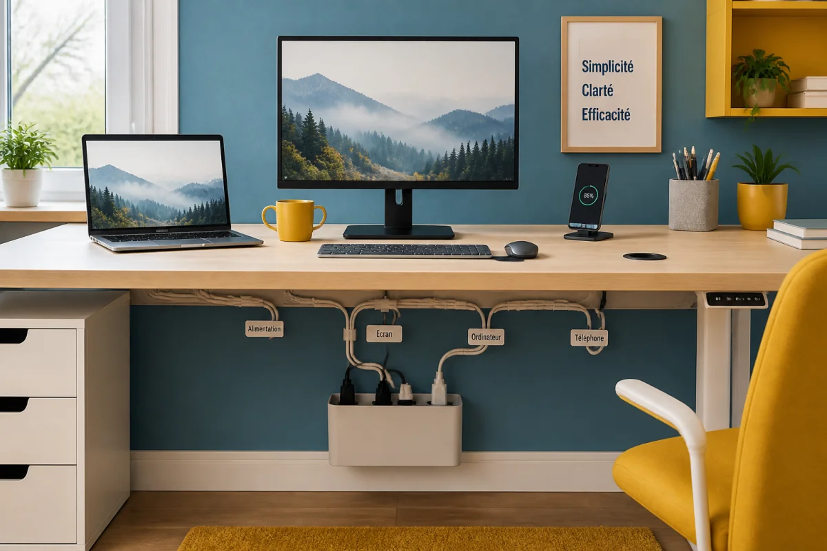 Espace de télétravail organisé avec ordinateur, écran, câbles regroupés, goulotte et attaches repositionnables sur bureau lumineux