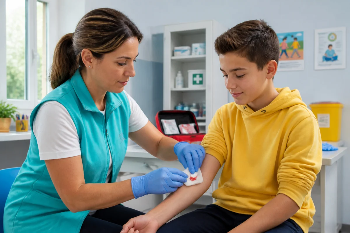 Gestes de premiers secours en milieu scolaire : compression d’une plaie par un adulte formé en infirmerie scolaire