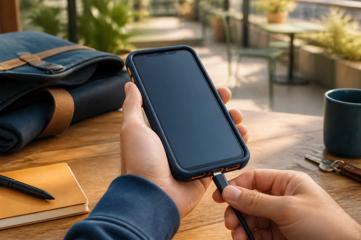 Smartphone protégé par une coque renforcée et un film d’écran, vérifié par une main sur une table extérieure