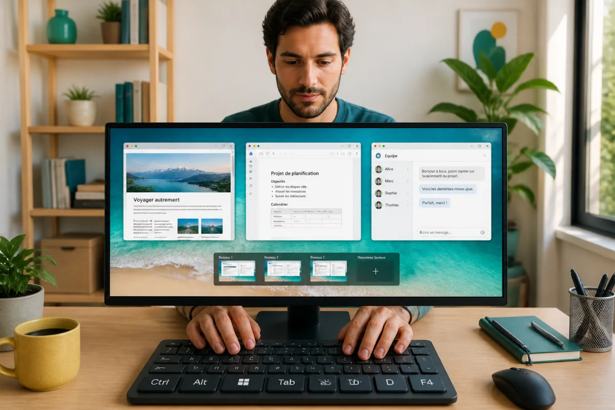 Personne utilisant des raccourcis clavier Windows pour organiser plusieurs fenêtres sur un ordinateur, sans souris