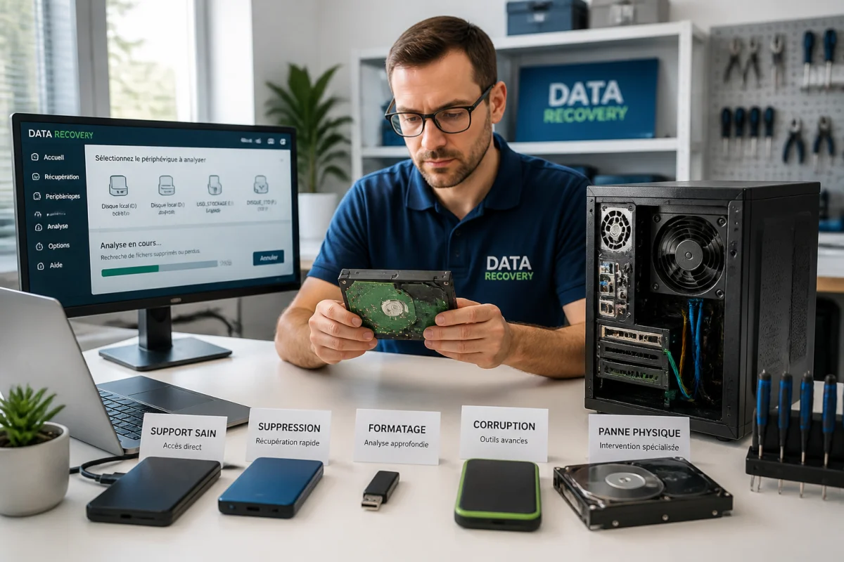Technicien informatique préparant une récupération de données sur ordinateur avec disques externes et outils de diagnostic