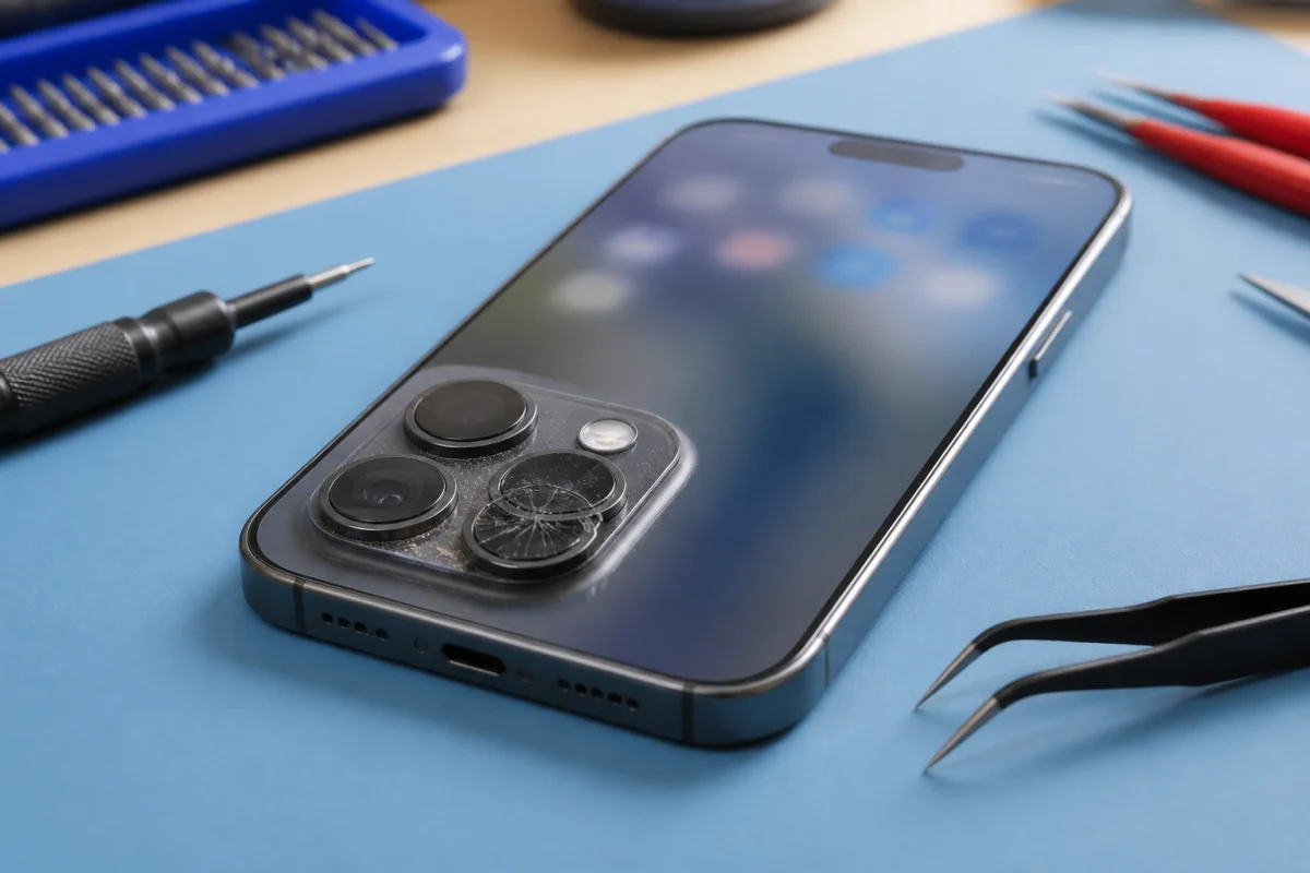 Réparer la caméra d’un iPhone : smartphone avec lentille fissurée, image floue et outils de réparation électronique afférents
