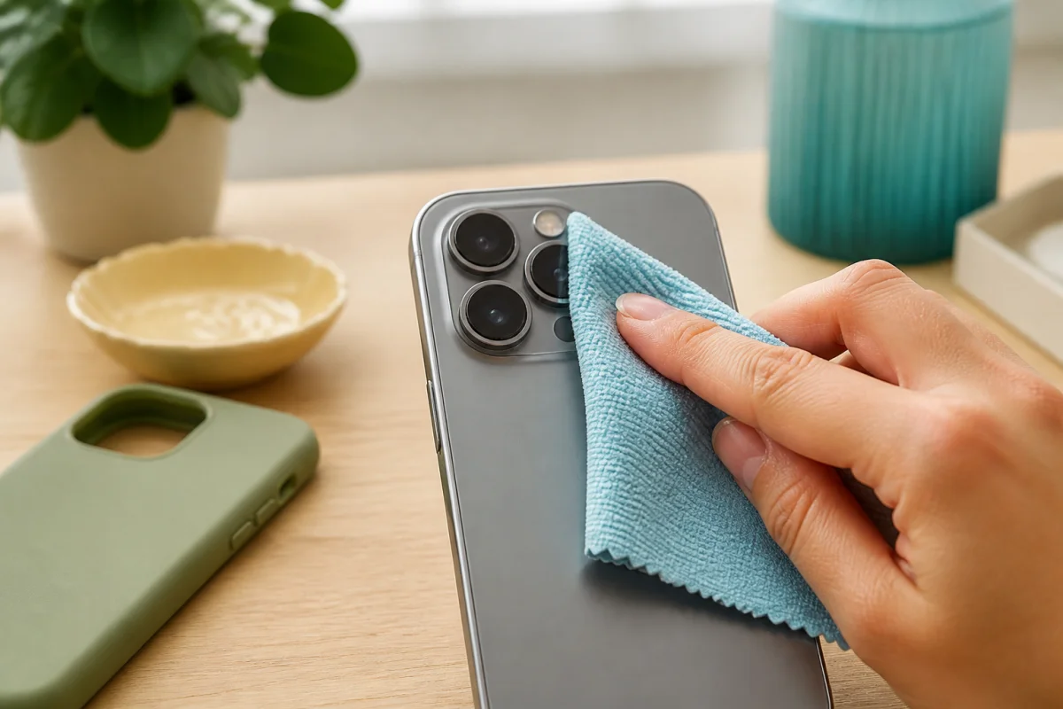Nettoyage délicat de la lentille d’un iPhone avec un chiffon en microfibre pour réparer la caméra d’un iPhone
