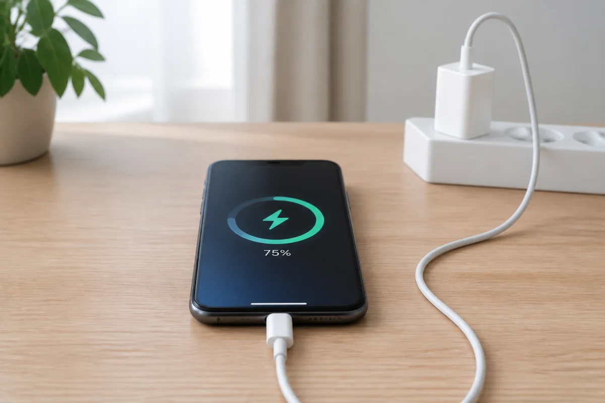 Smartphone en recharge avec câble intact et adaptateur fiable, posé sur un bureau dégagé et éloigné des sources de chaleur