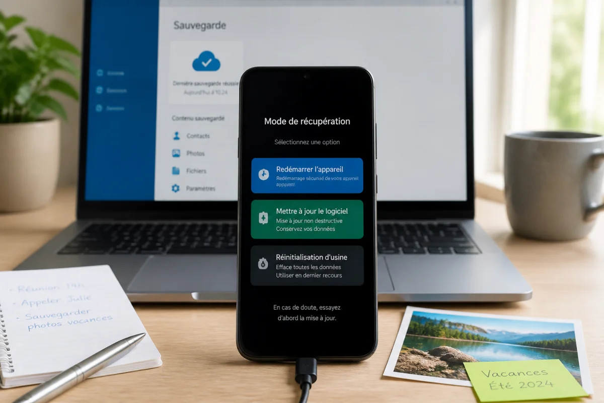 Smartphone en mode de récupération devant un ordinateur portable pour résoudre les redémarrages en boucle