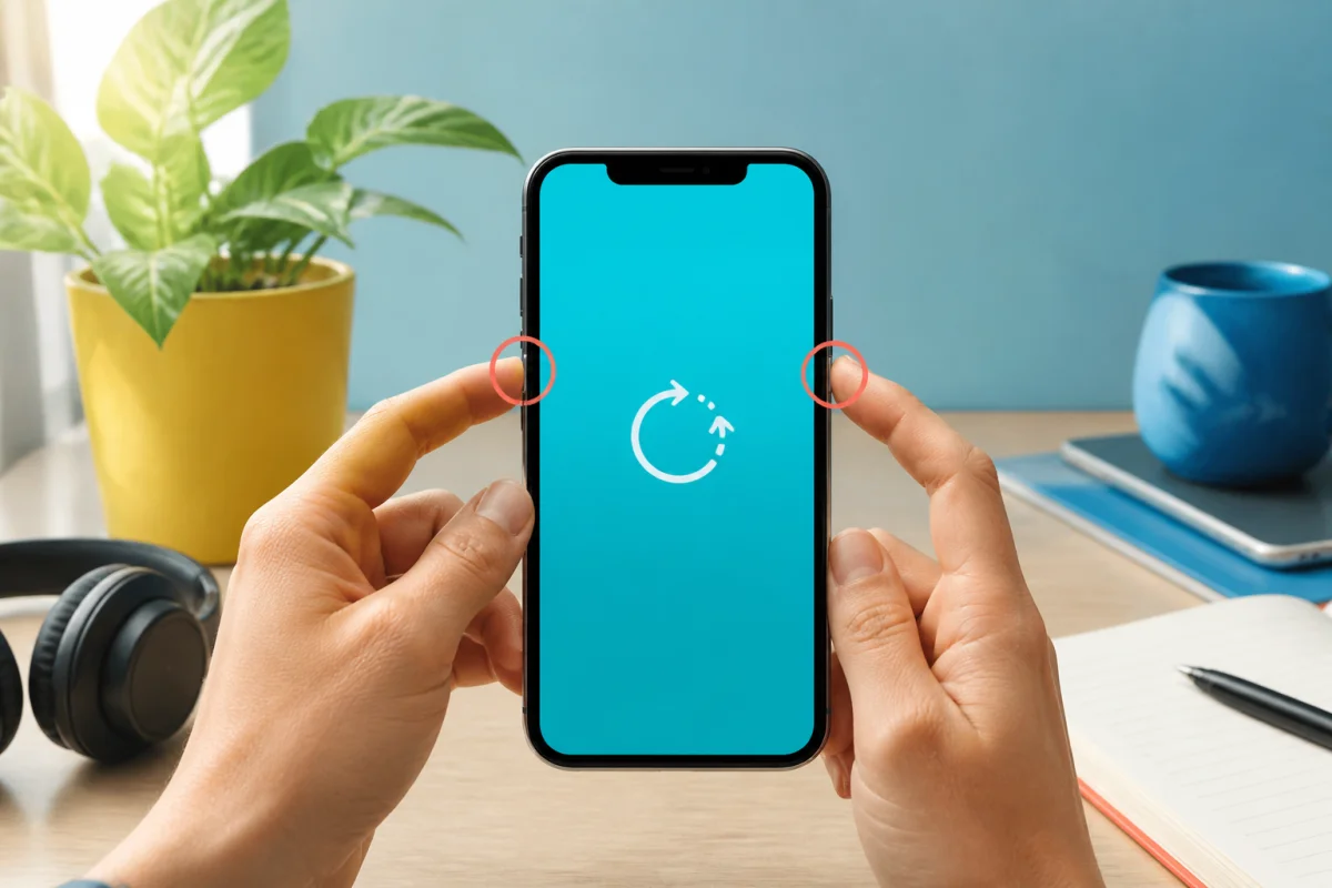 Redémarrage forcé d’un smartphone en boucle, avec pression simultanée sur les boutons latéral et volume bas