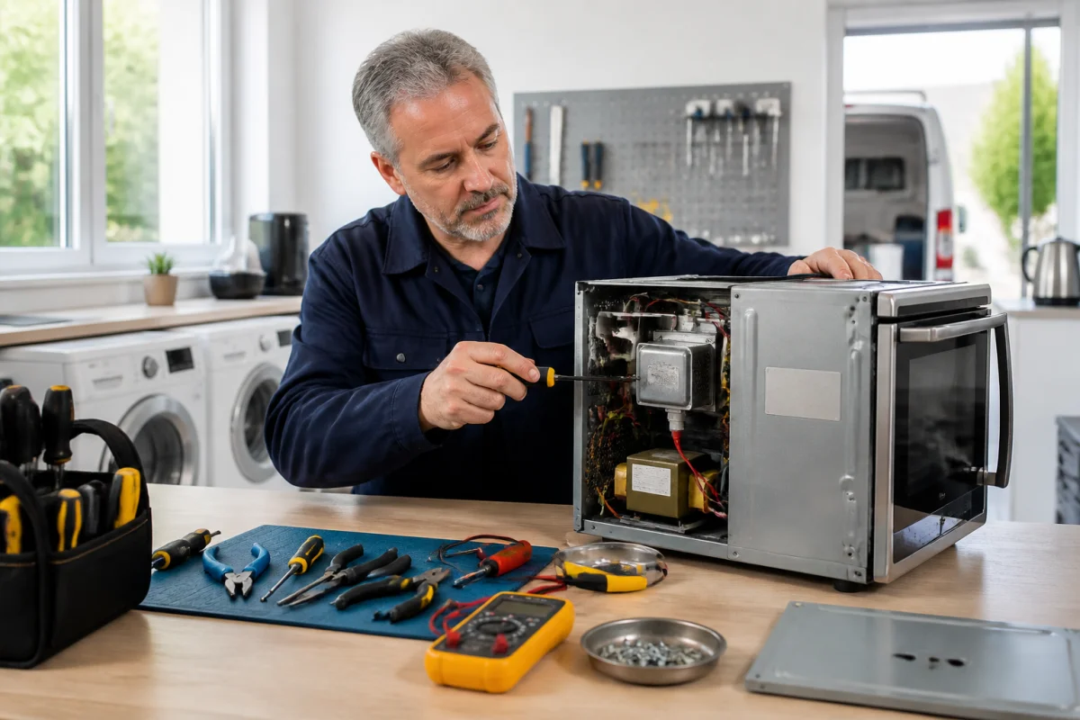 Technicien expérimenté réparant un appareil électroménager ouvert dans l’atelier professionnel de Top Ménager