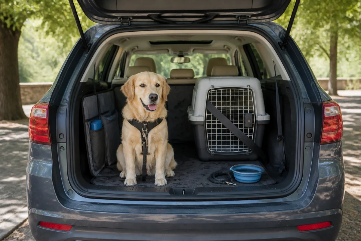 Chien calme attaché dans une voiture familiale, avec harnais sécurisé, siège de protection et gamelle d’eau pour voyager sereinement