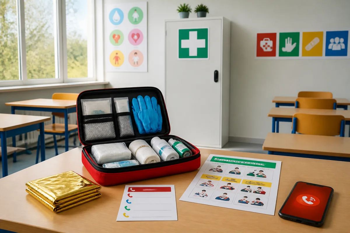 Trousse de premiers secours ouverte avec consignes et téléphone d’urgence dans une salle de classe organisée